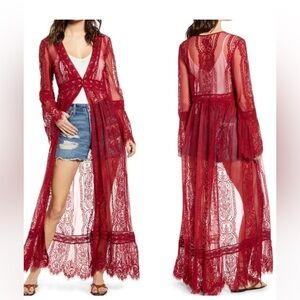 Band of Gypsies Red Lace Sheer Maxi Swim Coverup